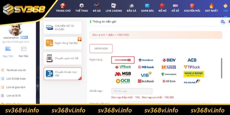Hướng dẫn nạp tiền SV368